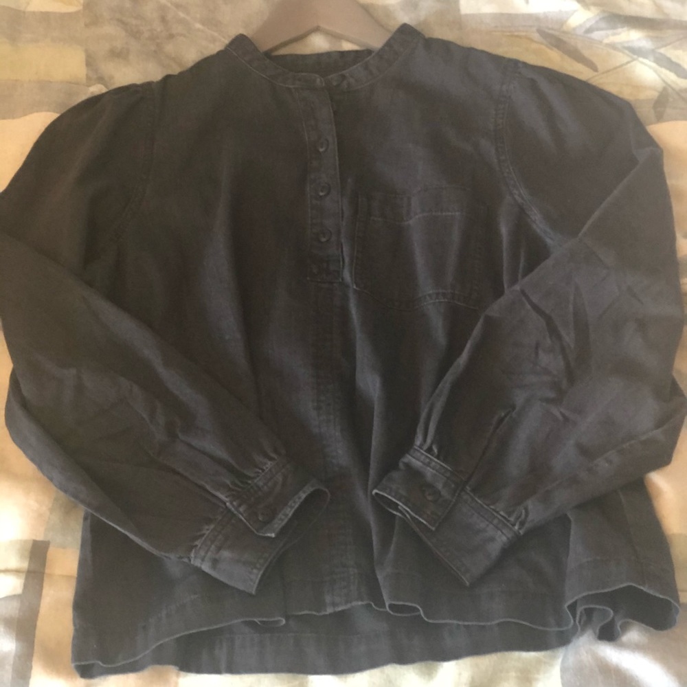 Denim collarless popover shirt